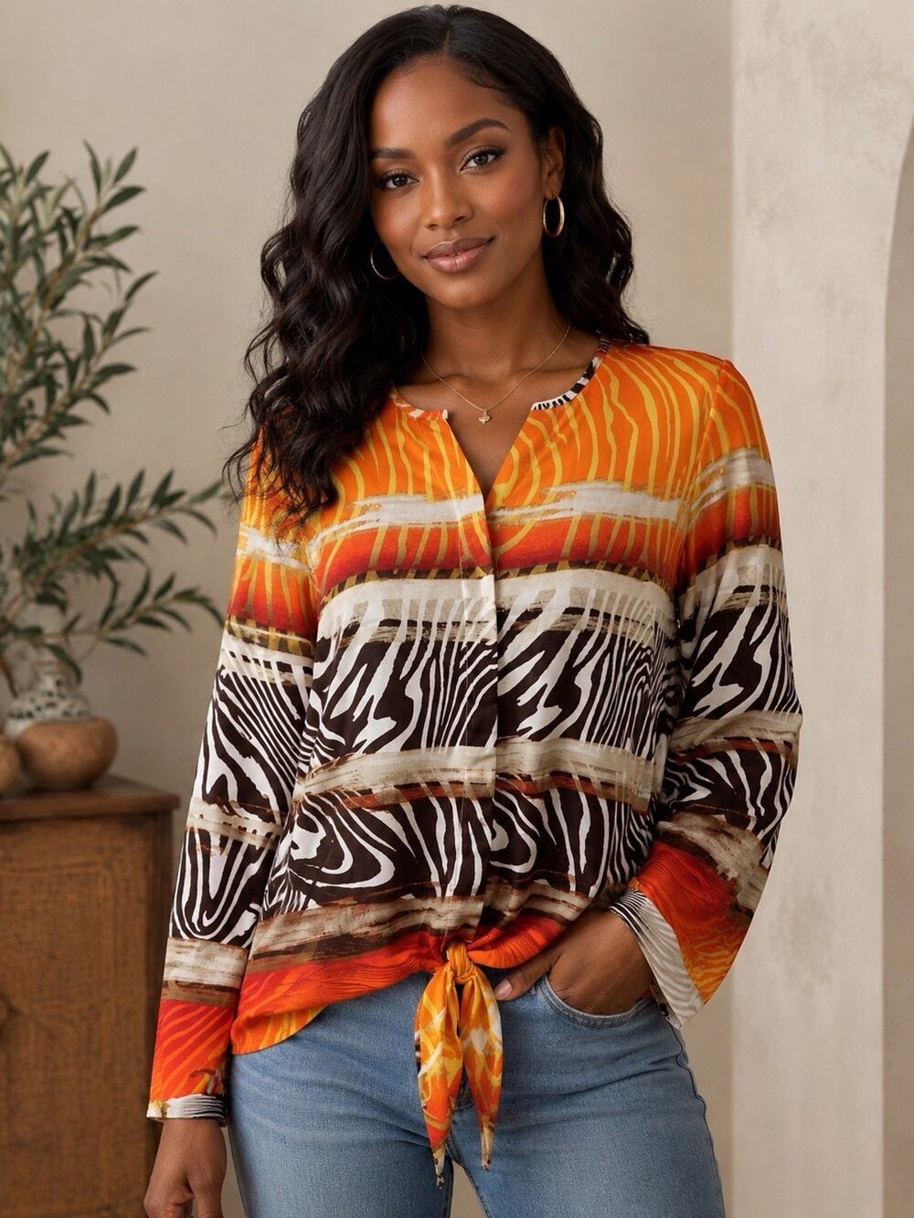 City View Womens Blouse M Beautiful & Bold Tie Front Long Sleeve Button Down